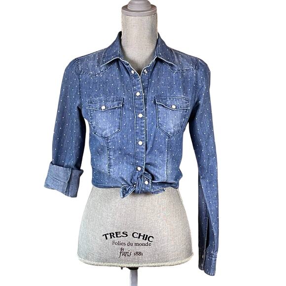 H&M Denim Snap Front Tiny Polka Dot Western Style Shirt size 4 - Picture 1 of 5